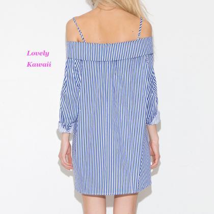 Sweet Blue And White Stripes Straight Collar..