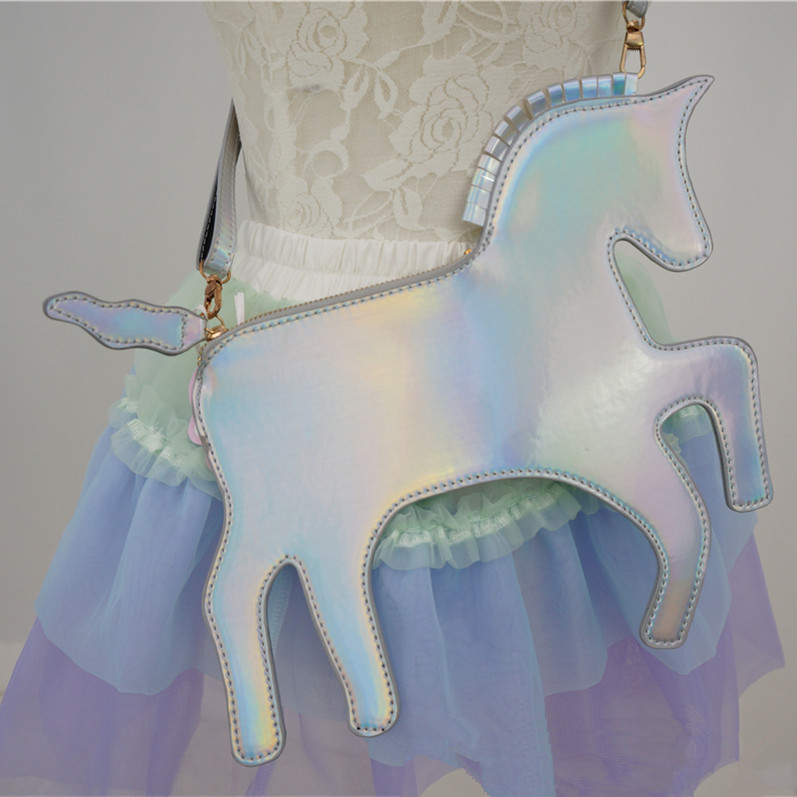 Harajuku Pastel Cute Laser Silver Bling Bling Unicorm Horse Cross Bag Shoulder Bag 
