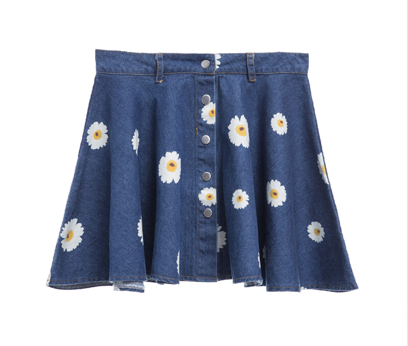 Vintage Denim Skirts Wild Daisy Print