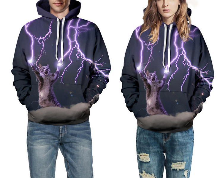 Couples Dress Lightning Cat Lovers 3d Printing Hooded Sweater