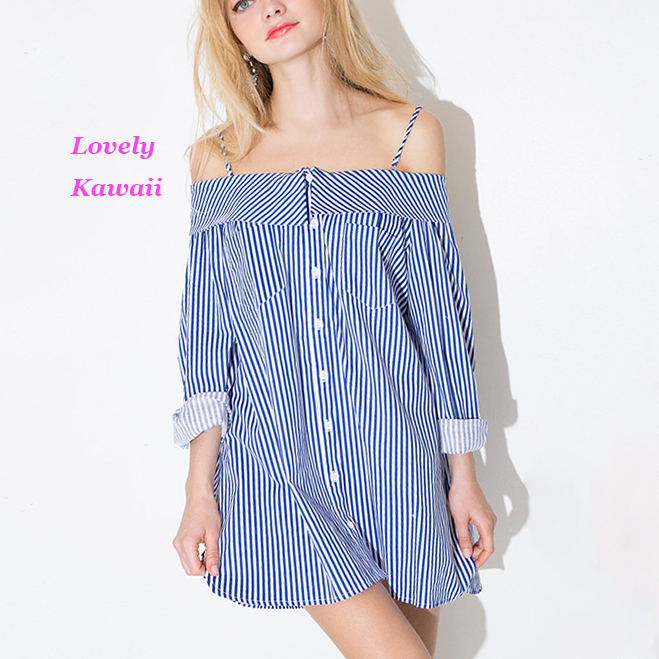 Sweet Blue And White Stripes Straight Collar Strapless Navy Wind Camisole Shirt Dress Women Dress